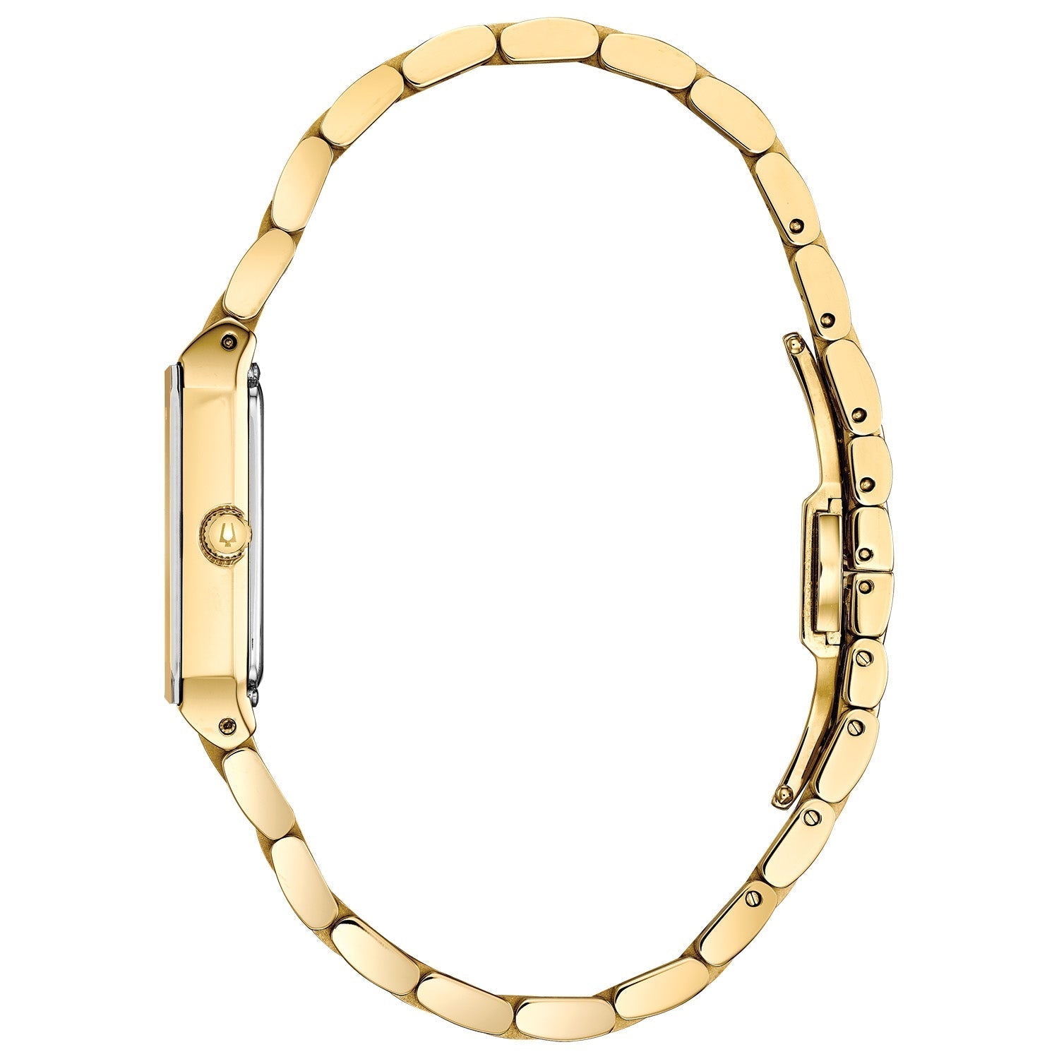Side profile of the Bulova Quadra 97P140, highlighting the edge-to-edge faceted metalized mineral crystal and sleek case design.​