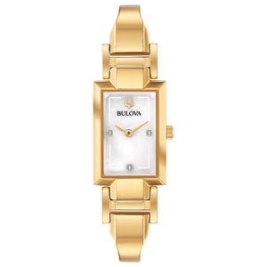 Bulova Classic 97P141 women's watch featuring a stainless steel gold-tone case, white mother-of-pearl dial with diamond accents, and matching bangle—front view.