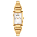 Bulova Classic 97P141 women's watch featuring a stainless steel gold-tone case, white mother-of-pearl dial with diamond accents, and matching bangle—front view.
