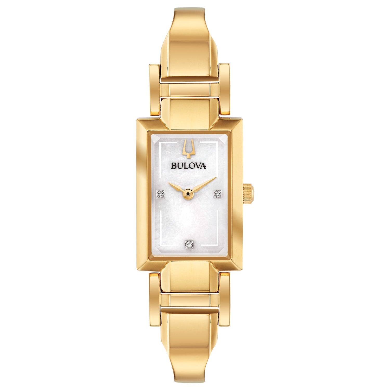 Bulova Classic 97P141 women's watch featuring a stainless steel gold-tone case, white mother-of-pearl dial with diamond accents, and matching bangle—front view.