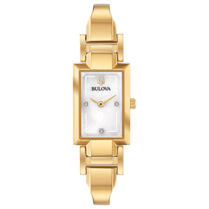 Bulova Classic 97P141 women's watch featuring a stainless steel gold-tone case, white mother-of-pearl dial with diamond accents, and matching bangle—front view.