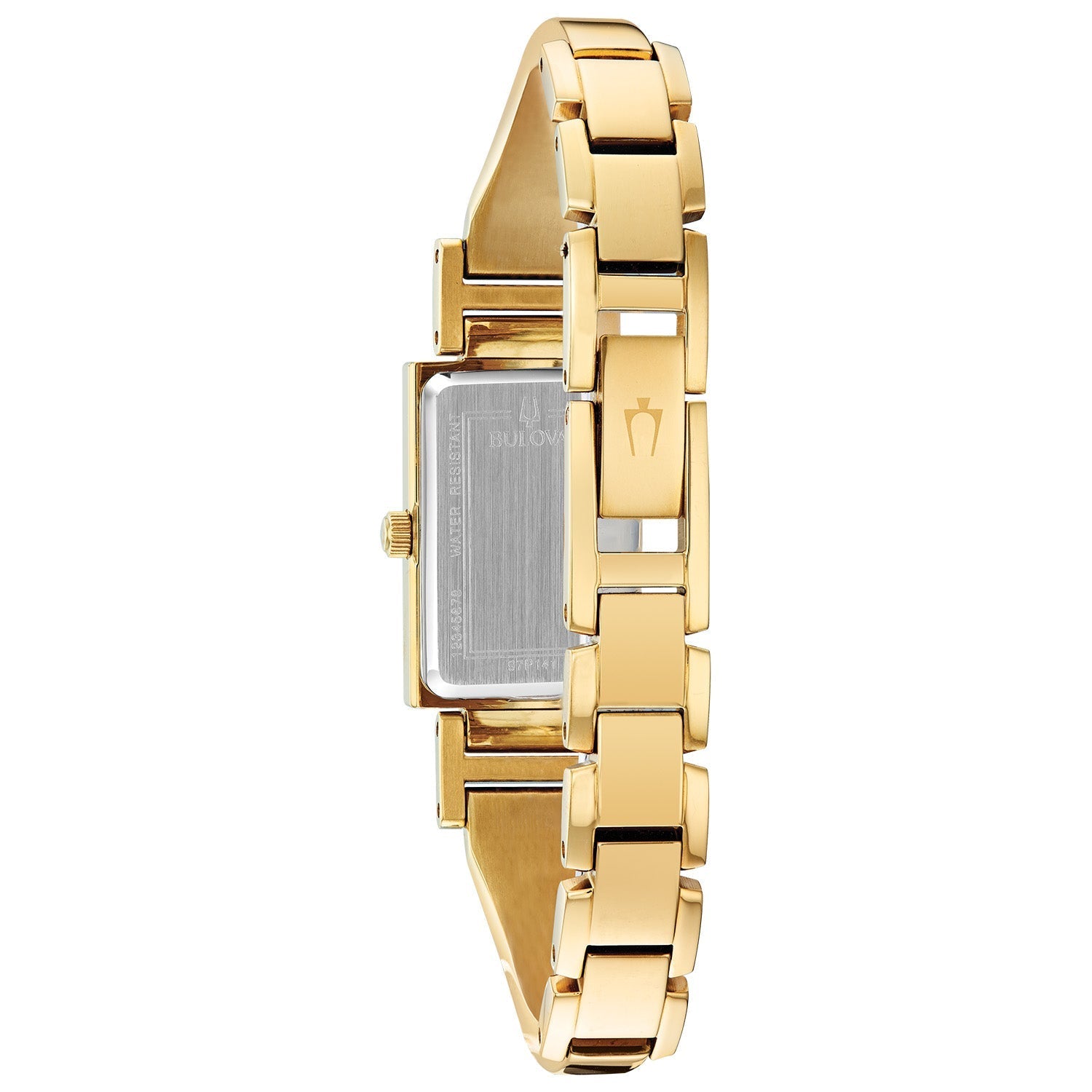 Rear view of the Bulova Classic 97P141, showcasing the stainless steel case back and bangle clasp.