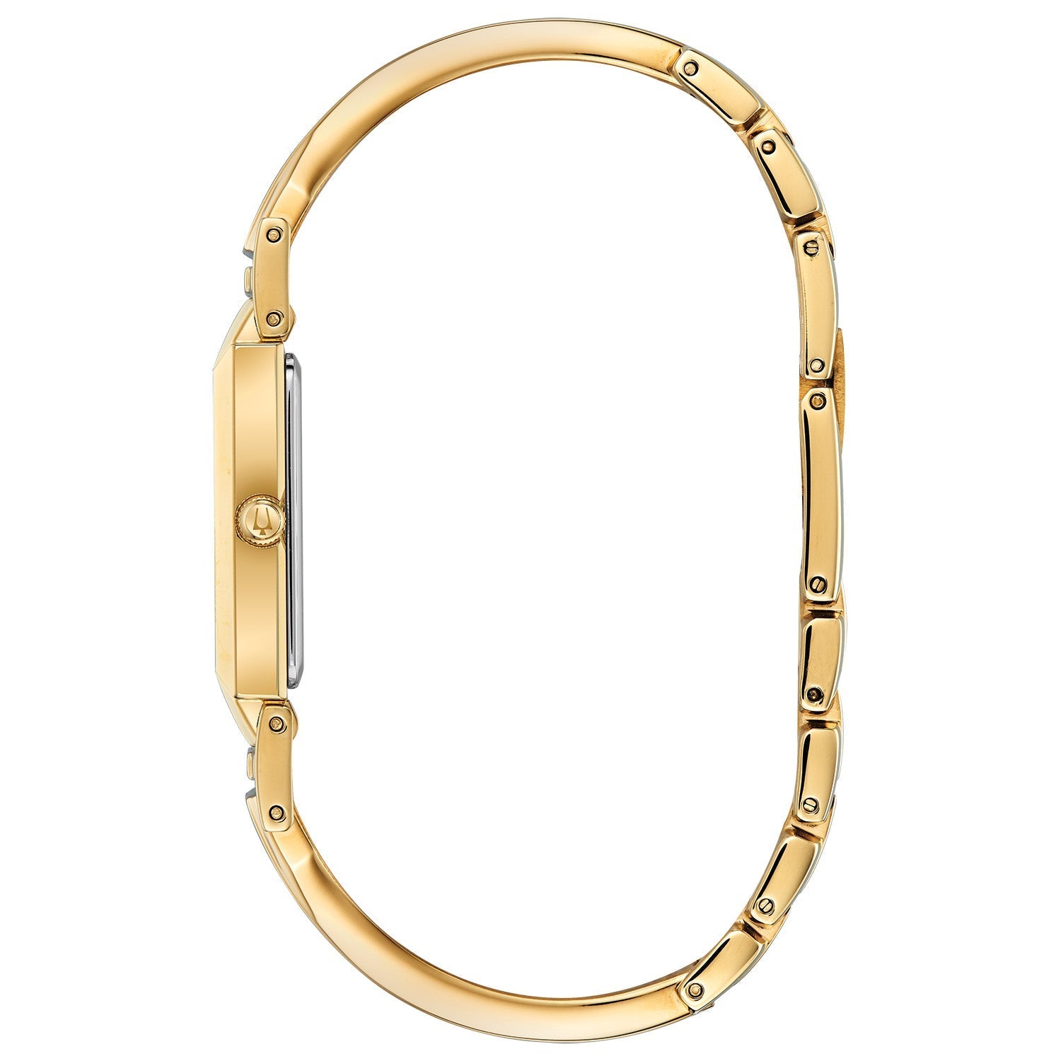 Side profile of the Bulova 97P141, highlighting the flat mineral crystal and sleek case design.