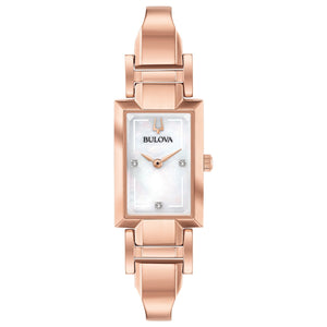 : Bulova Classic Diamond Accent Rose-Tone Bangle Watch 97P142 featuring a rose gold-tone stainless steel case, white mother-of-pearl dial with diamond accents, and matching bangle—front view.
