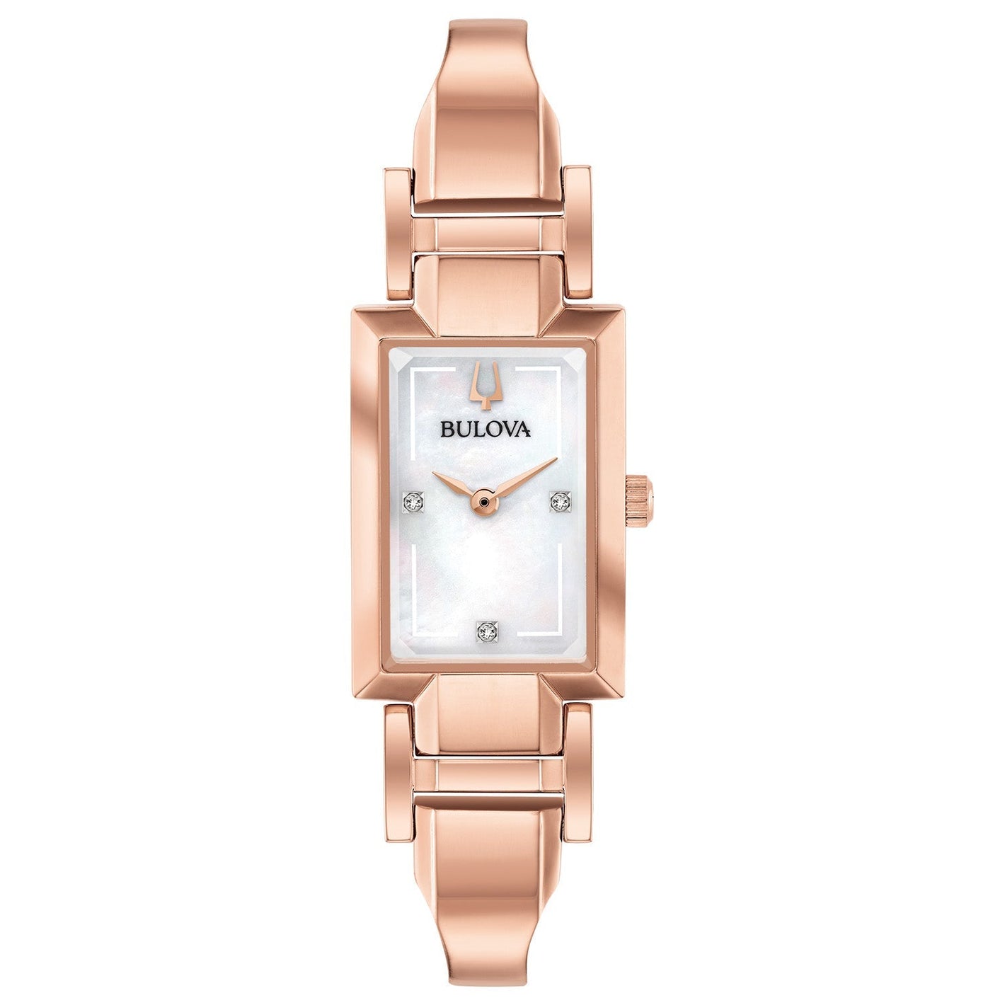 : Bulova Classic Diamond Accent Rose-Tone Bangle Watch 97P142 featuring a rose gold-tone stainless steel case, white mother-of-pearl dial with diamond accents, and matching bangle—front view.