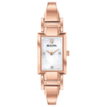 : Bulova Classic Diamond Accent Rose-Tone Bangle Watch 97P142 featuring a rose gold-tone stainless steel case, white mother-of-pearl dial with diamond accents, and matching bangle—front view.