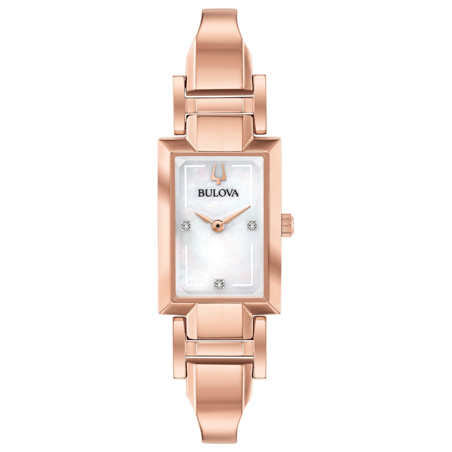: Bulova Classic Diamond Accent Rose-Tone Bangle Watch 97P142 featuring a rose gold-tone stainless steel case, white mother-of-pearl dial with diamond accents, and matching bangle—front view.