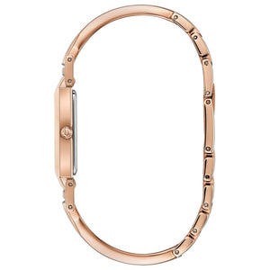 Side profile of the Bulova 97P142, highlighting the flat mineral crystal and sleek case design.