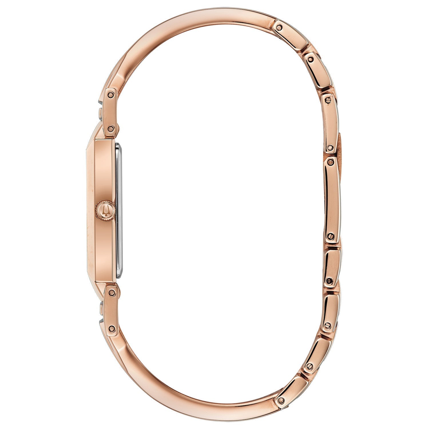 Side profile of the Bulova 97P142, highlighting the flat mineral crystal and sleek case design.