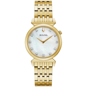 Bulova 97P149 women's watch featuring a 30mm gold-tone stainless steel case, white mother-of-pearl dial with diamond hour markers, and a gold-tone stainless steel bracelet—front view.