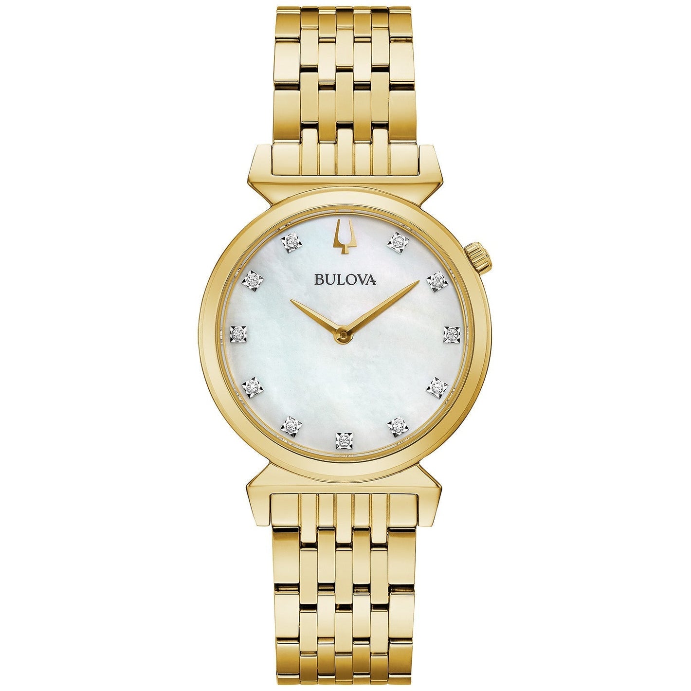 Bulova 97P149 women's watch featuring a 30mm gold-tone stainless steel case, white mother-of-pearl dial with diamond hour markers, and a gold-tone stainless steel bracelet—front view.