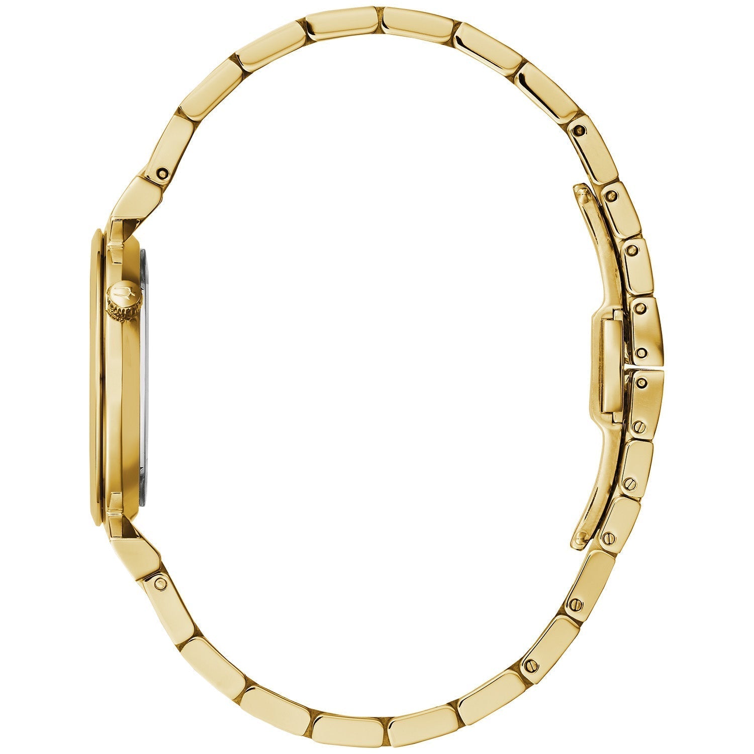 Profile view of the Bulova 97P149, highlighting its unique angled lugs and the crown at the 2 o'clock position.
