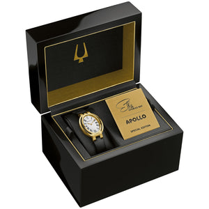 Black calfskin leather strap and traditional buckle of Bulova 97P180 showcased flat with polished finish detail.