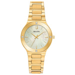Bulova Millennia 97R102 women's watch featuring a gold-tone stainless steel case with an edge-to-edge domed metalized crystal and champagne mother-of-pearl dial—front view