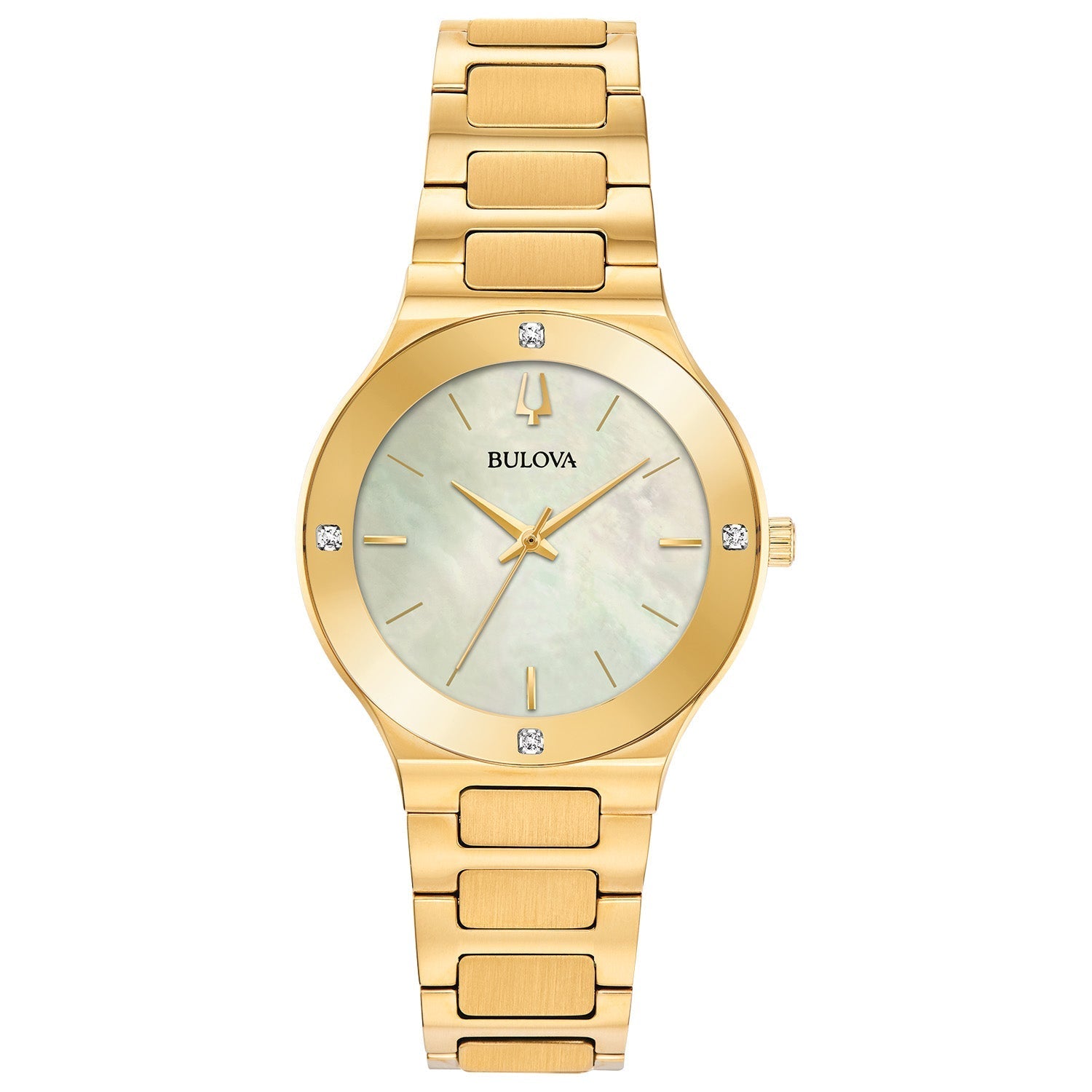 Bulova Millennia 97R102 women's watch featuring a gold-tone stainless steel case with an edge-to-edge domed metalized crystal and champagne mother-of-pearl dial—front view