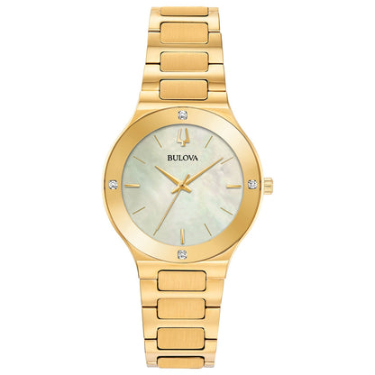 Bulova Millennia 97R102 women's watch featuring a gold-tone stainless steel case with an edge-to-edge domed metalized crystal and champagne mother-of-pearl dial—front view