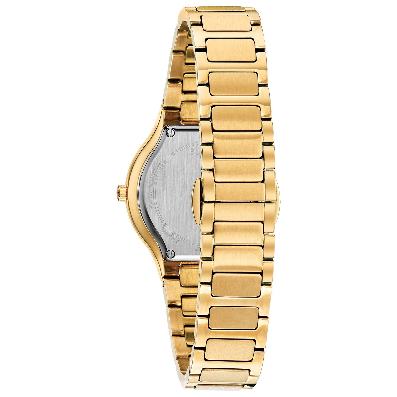 Rear view of the Bulova Millennia 97R102, showcasing the stainless steel case back and bracelet clasp.