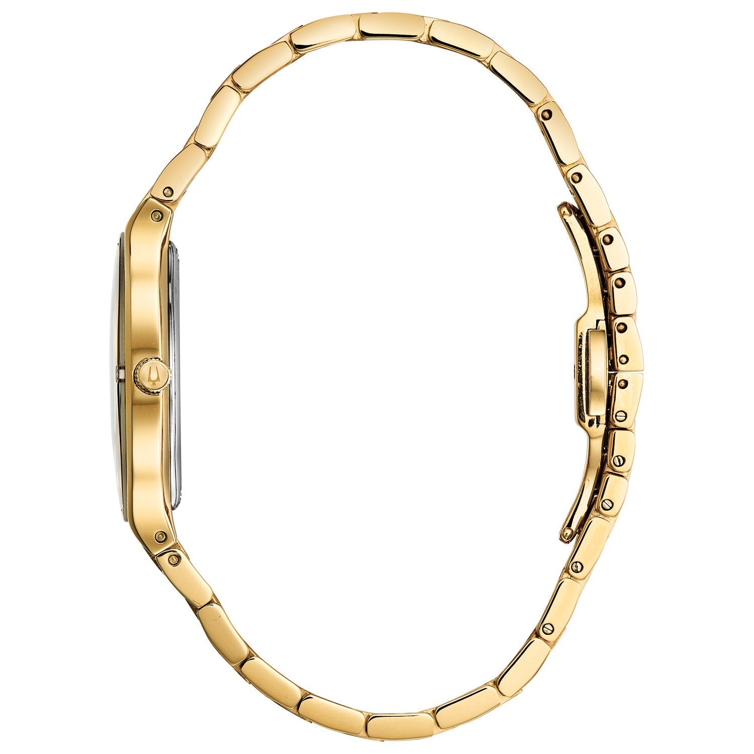 Side profile of the Bulova Millennia 97R102, highlighting the sleek gold-tone case and domed crystal design.