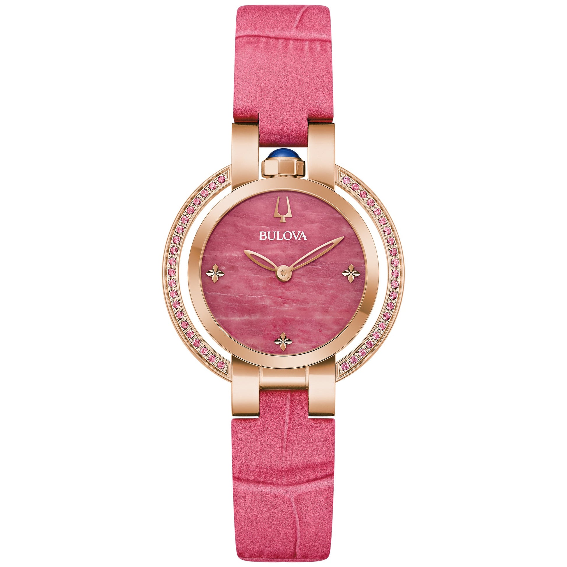 Bulova Rubaiyat Spring Four Seasons Women's Watch 97R103 featuring a 35mm rose gold-tone stainless steel case with rhodonite dial and pink sapphires—front view.