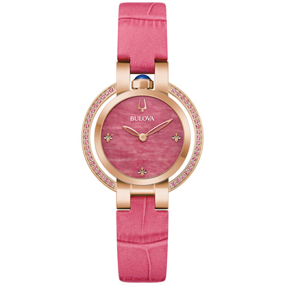 Bulova Rubaiyat Spring Four Seasons Women's Watch 97R103 featuring a 35mm rose gold-tone stainless steel case with rhodonite dial and pink sapphires—front view.