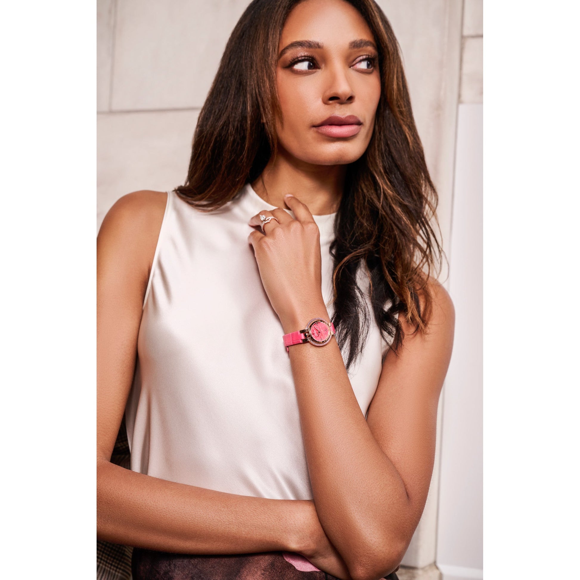Model wearing the Bulova Rubaiyat Spring Four Seasons Women's Watch 97R103, demonstrating its elegant appearance on the wrist.