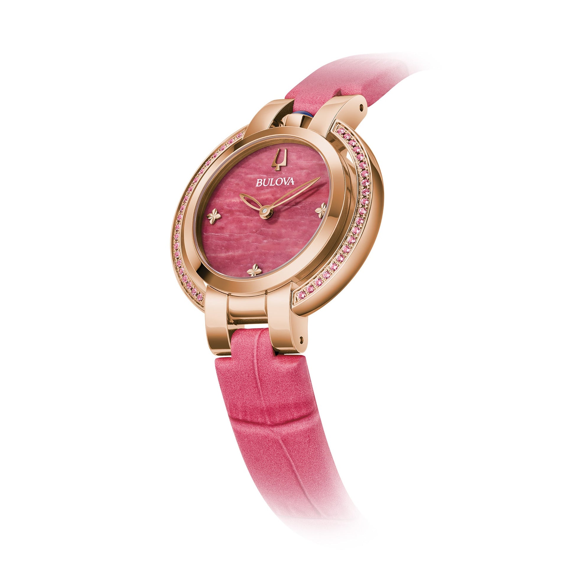 Side profile of the Bulova 97R103 showcasing the rose gold-tone stainless steel case and bracelet.