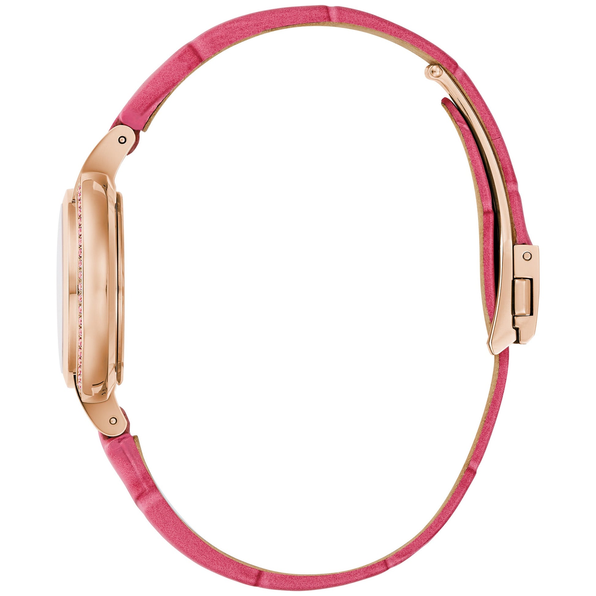 Side profile of the Bulova 97R103 showcasing the rose gold-tone stainless steel case and bracelet.