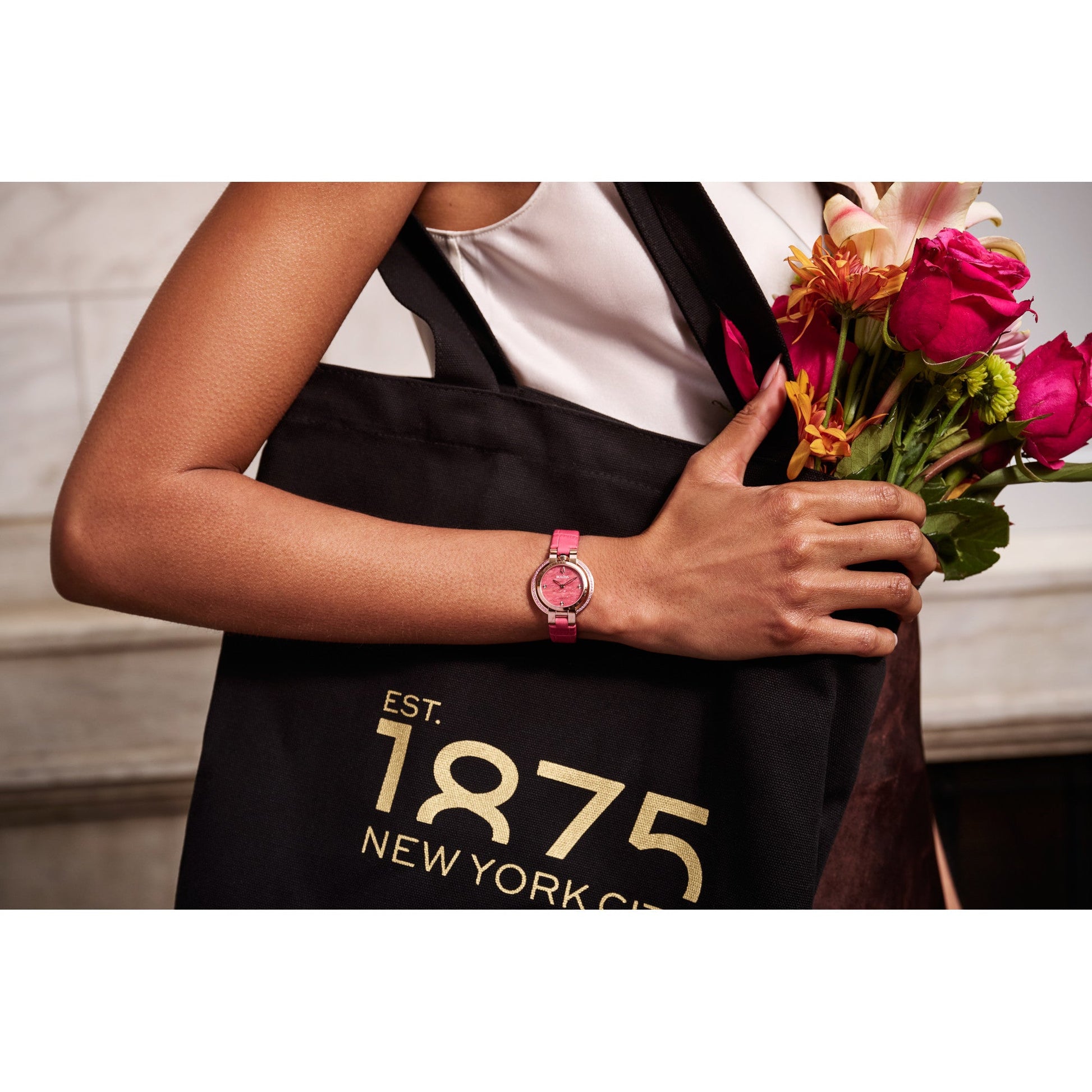 Model wearing the Bulova Rubaiyat Spring Four Seasons Women's Watch 97R103, demonstrating its elegant appearance on the wrist.