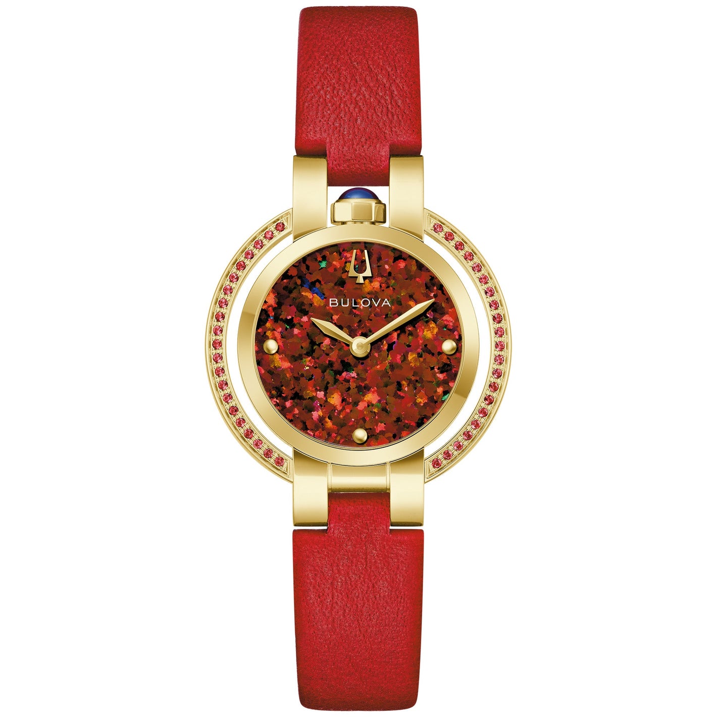 Bulova 97R105 front view — gold-tone stainless steel case with red synthetic fire opal dial and ruby halo under a double-curved sapphire crystal.