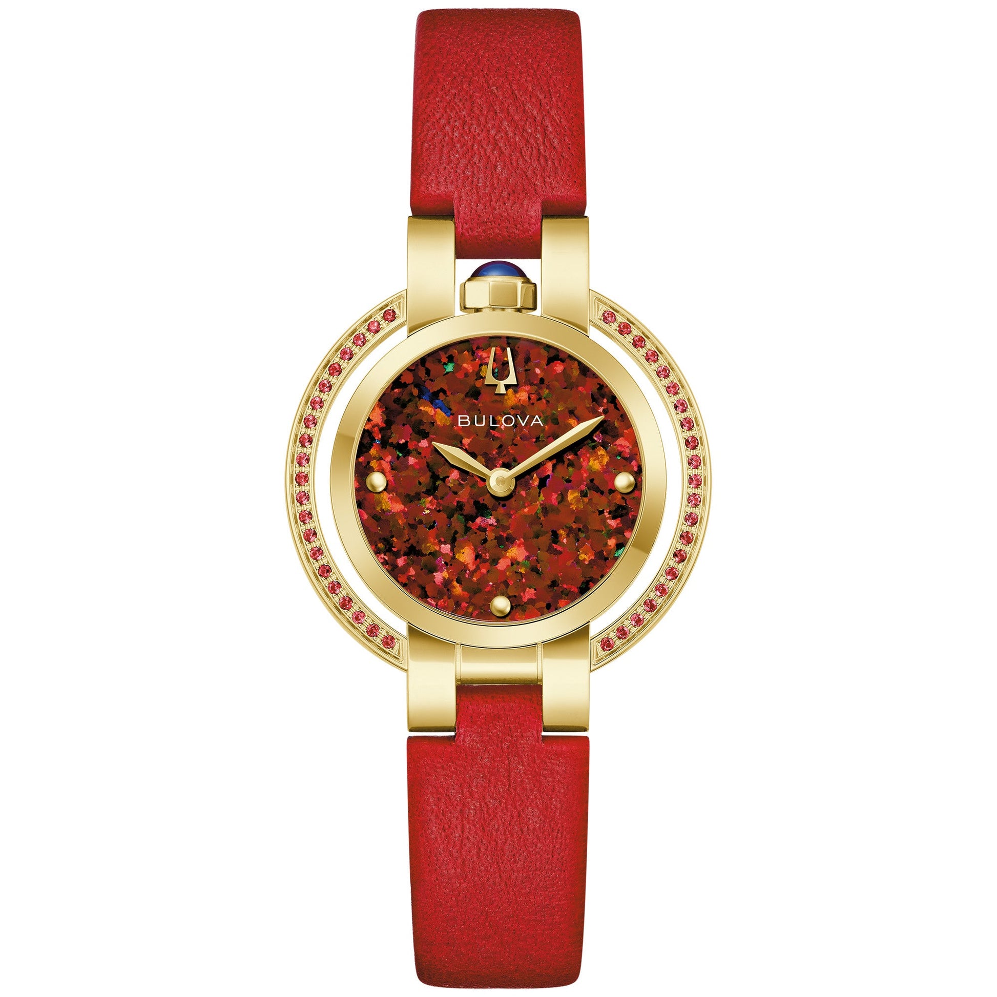 Bulova 97R105 front view — gold-tone stainless steel case with red synthetic fire opal dial and ruby halo under a double-curved sapphire crystal.