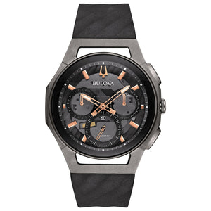 Bulova CURV 98A162 men’s chronograph watch featuring a dark grey exhibition dial with rose gold-tone accents and a black rubber strap—front view.