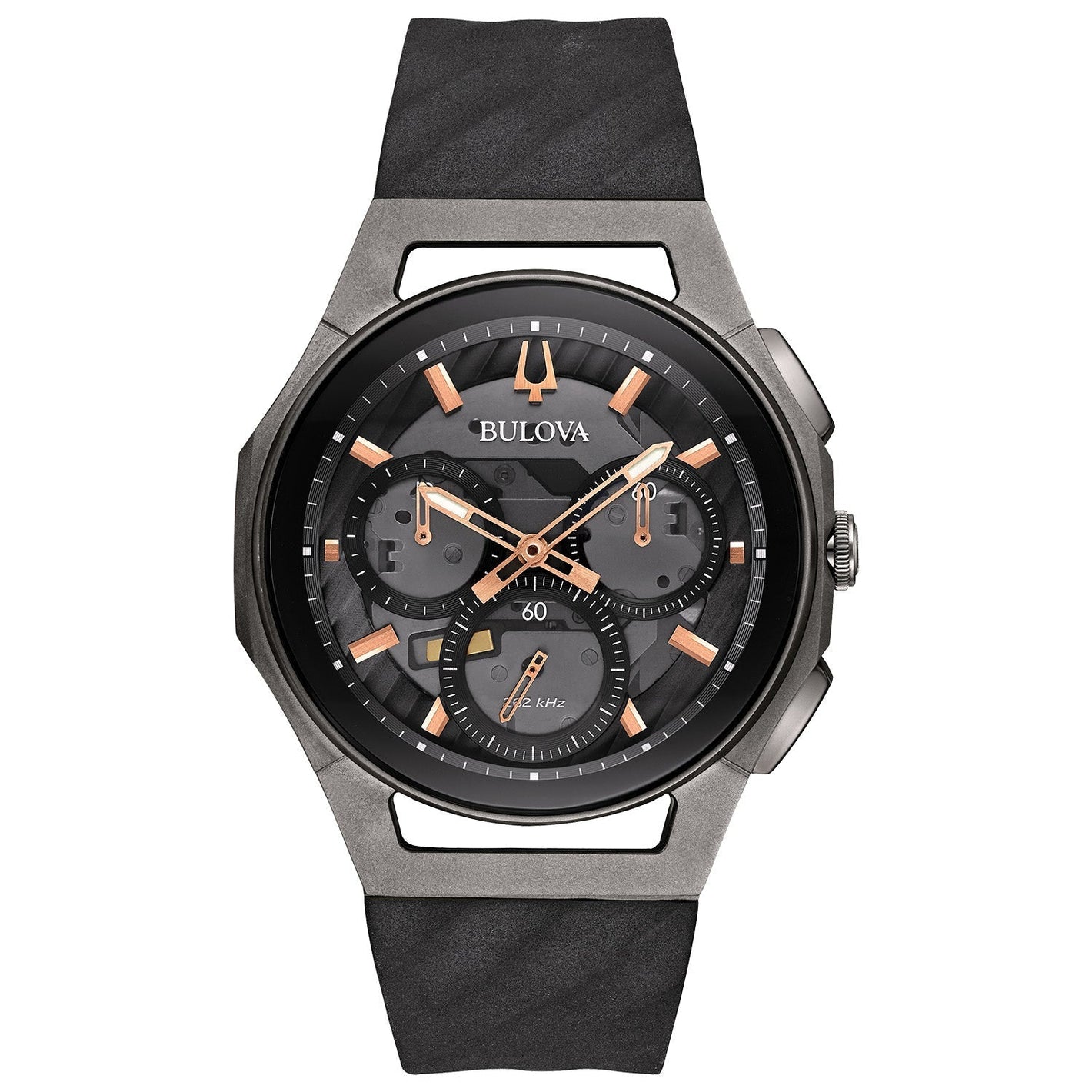 Bulova CURV 98A162 men’s chronograph watch featuring a dark grey exhibition dial with rose gold-tone accents and a black rubber strap—front view.