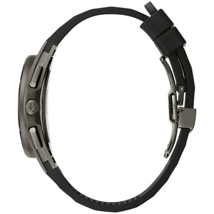 Side profile of the Bulova CURV 98A162 showcasing its curved titanium and stainless steel case with ergonomic design.