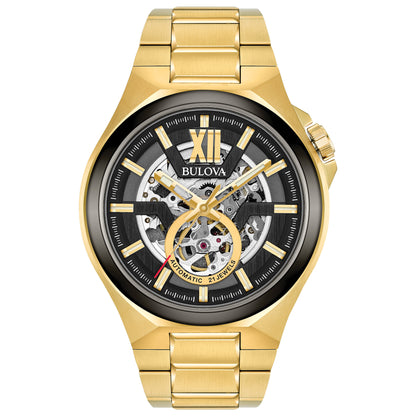 Bulova Maquina Gold-Tone Black Skeleton Automatic Watch 98A178