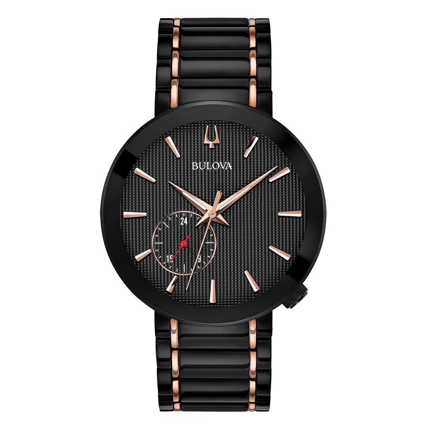 Bulova 98A188 Latin Grammy® Special Edition watch featuring a black dial with rose gold-tone hands and index hour markers, and a 24-hour sub-dial at the 7 o'clock position—front view.