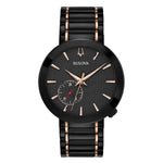 Bulova 98A188 Latin Grammy® Special Edition watch featuring a black dial with rose gold-tone hands and index hour markers, and a 24-hour sub-dial at the 7 o'clock position—front view.