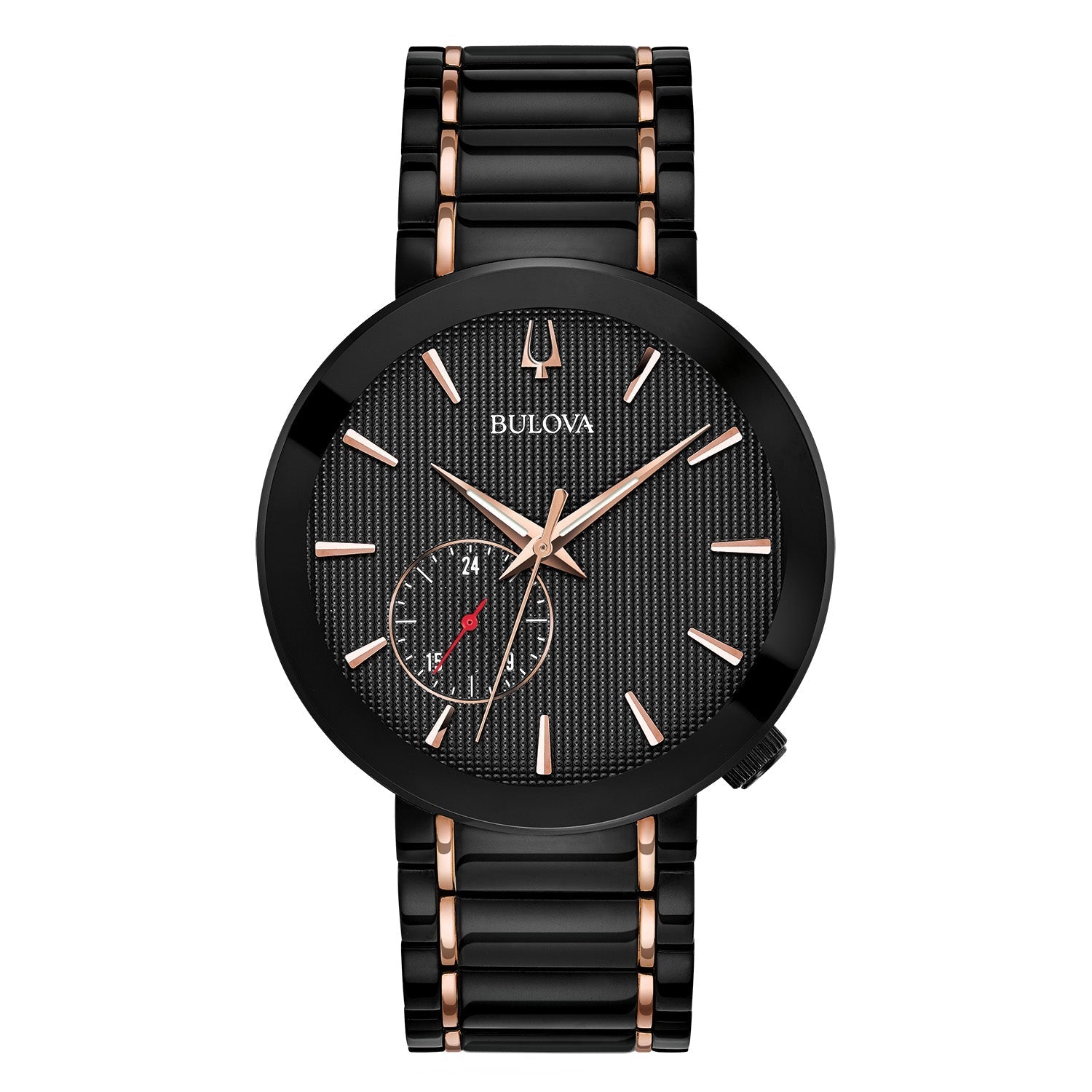 Bulova 98A188 Latin Grammy® Special Edition watch featuring a black dial with rose gold-tone hands and index hour markers, and a 24-hour sub-dial at the 7 o'clock position—front view.