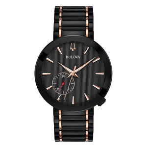 Bulova 98A188 Latin Grammy® Special Edition watch featuring a black dial with rose gold-tone hands and index hour markers, and a 24-hour sub-dial at the 7 o'clock position—front view.