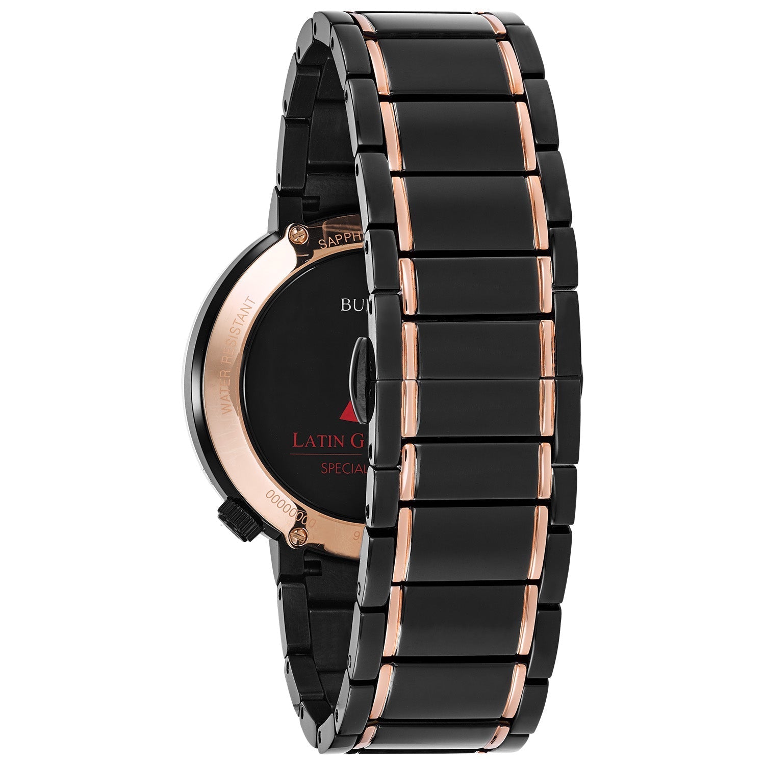 Back view of Bulova 98A188 highlighting the screw-down case back engraved with the Latin Grammy® logo and the black ion-plated stainless steel bracelet with rose gold-tone accents.