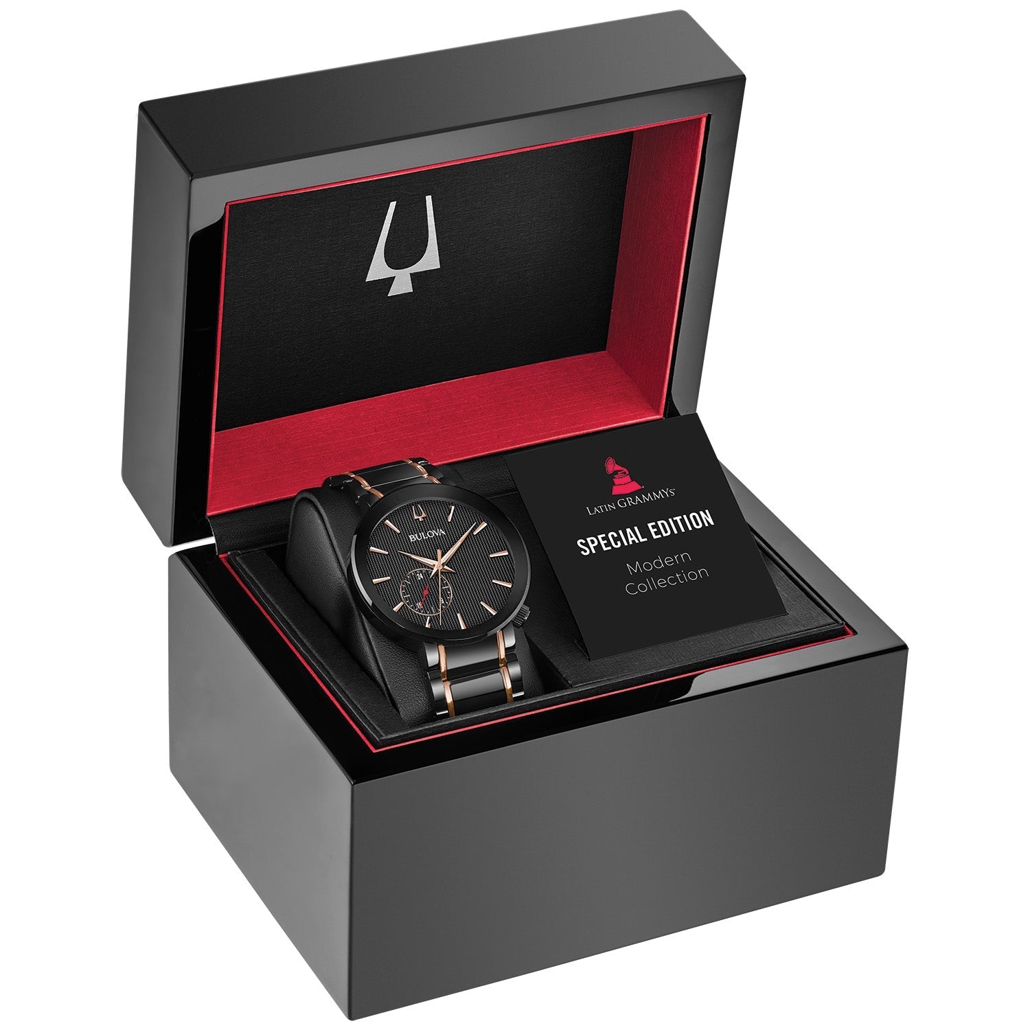 Bulova 98A188 presented in special edition packaging featuring the Latin Grammy® insignia and authenticity materials.