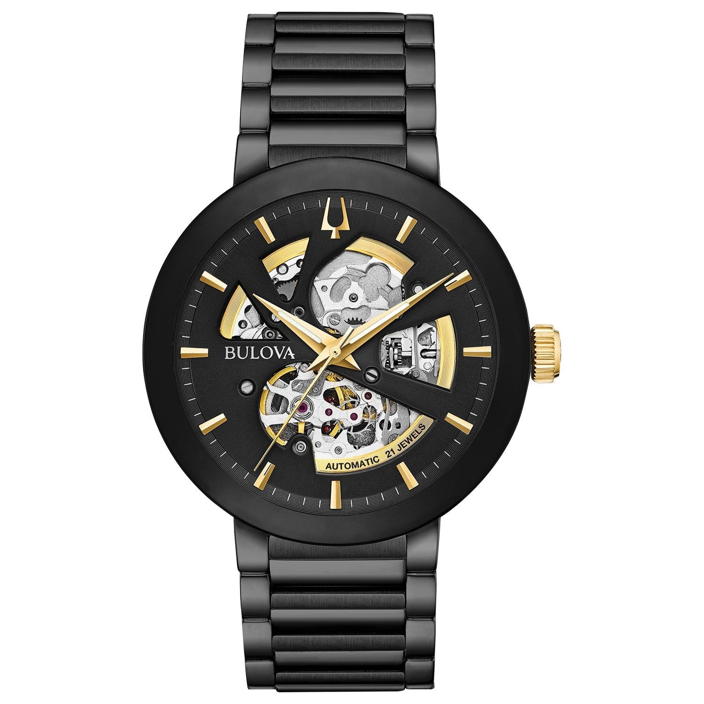  Bulova 98A203 men's black ion-plated stainless steel watch with open aperture black dial and gold-tone accents—front view.