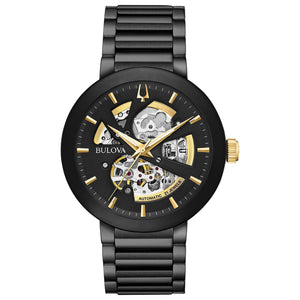  Bulova 98A203 men's black ion-plated stainless steel watch with open aperture black dial and gold-tone accents—front view.