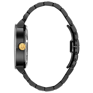  Side profile of Bulova 98A203 showcasing the sleek black ion-plated case and domed mineral glass.
