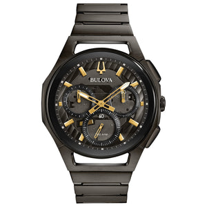 Bulova 98A206 Men's CURV Chronograph watch featuring a dark grey ion-plated stainless steel case and dark grey dial with gold-tone accents—front view.