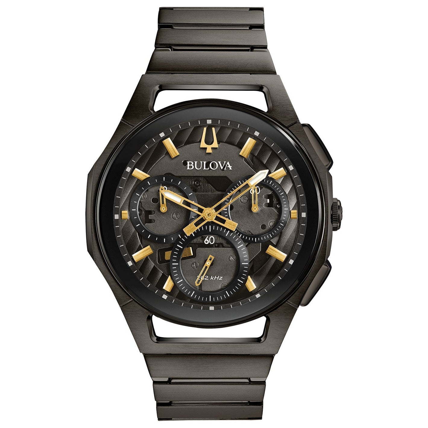 Bulova 98A206 Men's CURV Chronograph watch featuring a dark grey ion-plated stainless steel case and dark grey dial with gold-tone accents—front view.