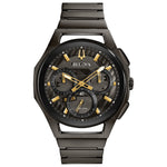 Bulova 98A206 Men's CURV Chronograph watch featuring a dark grey ion-plated stainless steel case and dark grey dial with gold-tone accents—front view.