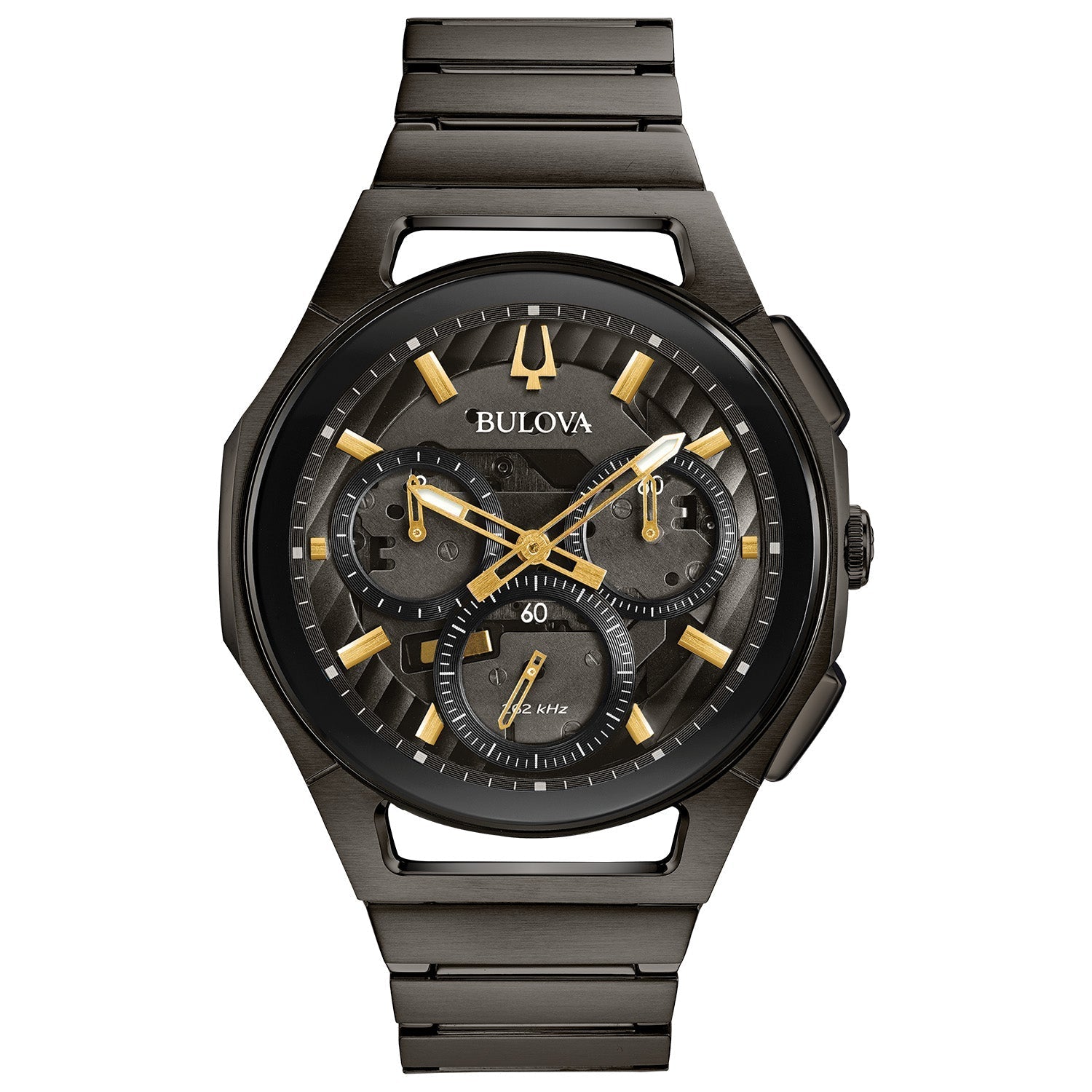Bulova 98A206 Men's CURV Chronograph watch featuring a dark grey ion-plated stainless steel case and dark grey dial with gold-tone accents—front view.