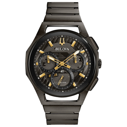 Bulova 98A206 Men's CURV Chronograph watch featuring a dark grey ion-plated stainless steel case and dark grey dial with gold-tone accents—front view.