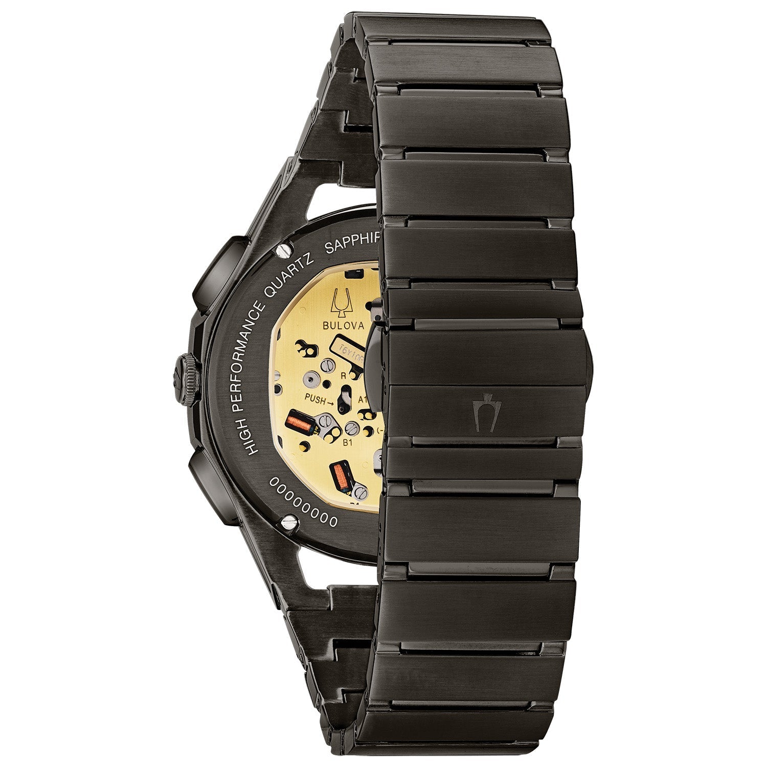Back view of Bulova 98A206, highlighting the exhibition case back revealing the intricate movement.