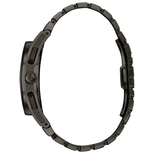 Side profile of Bulova 98A206, showcasing the curved case design and dark grey stainless steel bracelet.